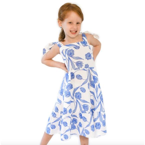 Emily McCarthy Girls M Blue White Mini Maxi Dress Tulip Twist Floral Tie Sleeves - Picture 10 of 11